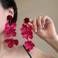 Sweet Style Red Fabric Flower Drop Earrings With Alloy Hook Monet Garden Floral Jewelry For Women view 2