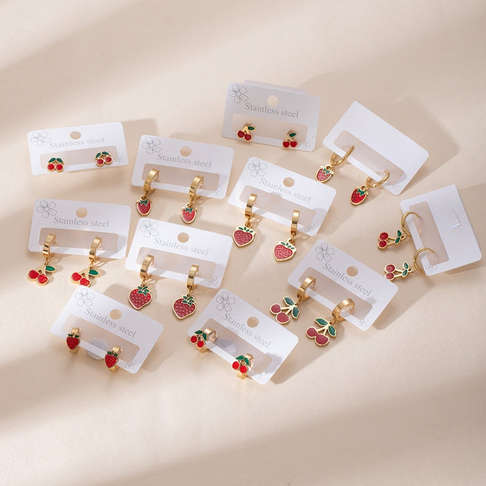 Cute Strawberry Cherry Fruit Enamel Stainless Steel Hoop Stud Earrings For Women Fashion Earrings