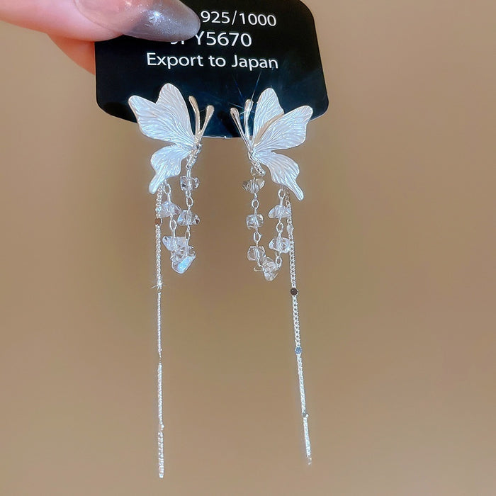 Silver Post Butterfly Faux Crystal Tassel Drop Earrings Fresh Light Luxury Fashion