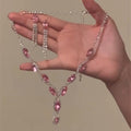 Pink Rhinestone Copper Teardrop Geometric Necklace Earrings Jewelry Set For Women view 1