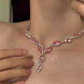 Pink Rhinestone Copper Teardrop Geometric Necklace Earrings Jewelry Set For Women view 4