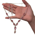 Pink Rhinestone Copper Teardrop Geometric Necklace Earrings Jewelry Set For Women view 5