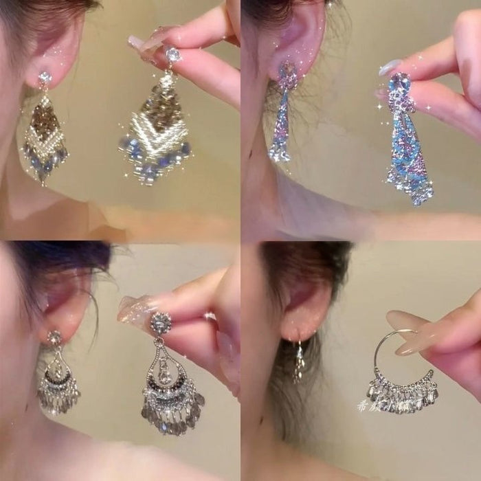 Light Luxury Teardrop Crystal Tassel Drop Earrings With Rhinestone Hollow Silver Pins
