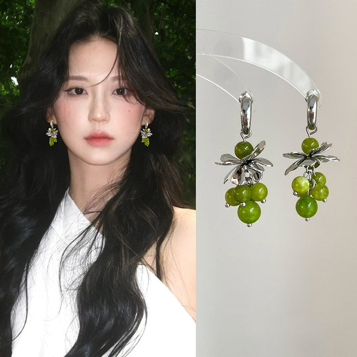 Fresh Style Artificial Crystal Grape Tassel Drop Earrings With Silver Needle C Shape Flower Design