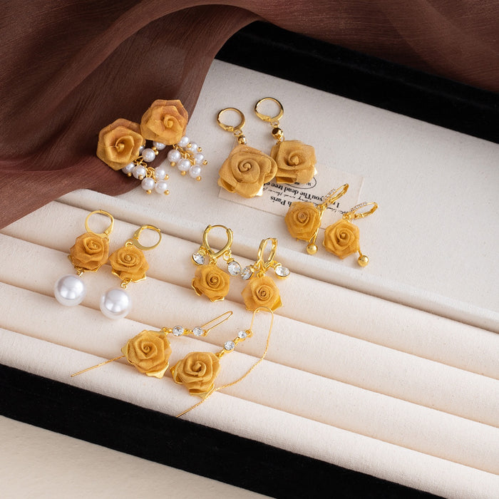 Elegant Luxury Gold Alloy Rose Flower Pearl Rhinestone Charm Hoop Drop Stud Dangle Earrings