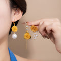 Elegant Luxury Gold Alloy Rose Flower Pearl Rhinestone Charm Hoop Drop Stud Dangle Earrings view 2
