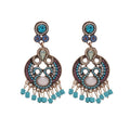 Vintage Ethnic Alloy Drop Earrings With Hollow Leaf Tassel And Oval Turquoise Geometric Pendant view 5