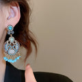 Vintage Ethnic Alloy Drop Earrings With Hollow Leaf Tassel And Oval Turquoise Geometric Pendant view 4