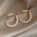 Light Luxury Gold Plated Pearl Beaded Geometric Hoop Earrings With Silver Pins For Women view 2