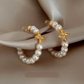 Light Luxury Gold Plated Pearl Beaded Geometric Hoop Earrings With Silver Pins For Women view 4