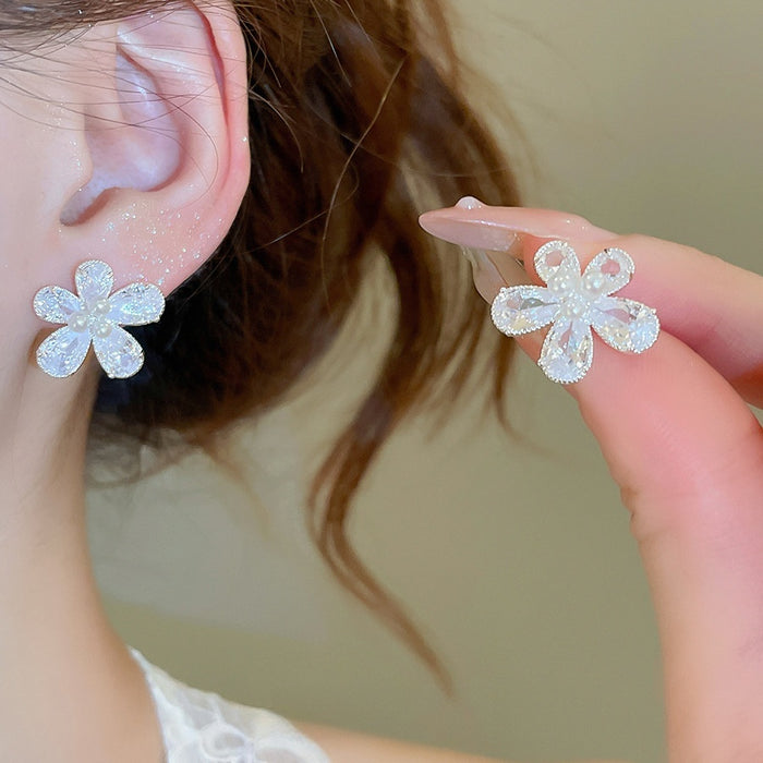 Light Luxury Faux Pearl Zircon Teardrop Flower Stud Earrings For Women