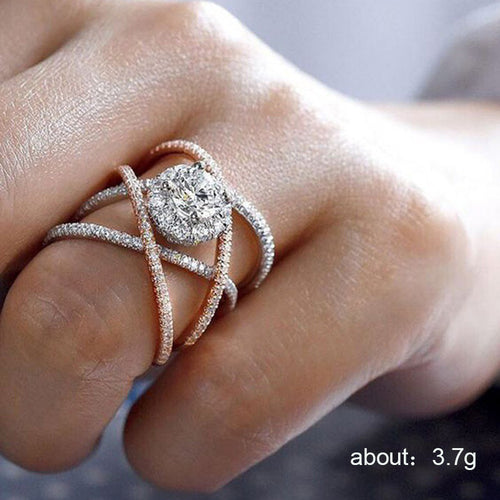 Rose Gold And Silver-Tone Crossover Ring With Crystal Pave shown in angled product view