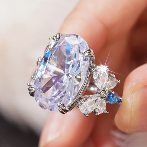 Princess Style Statement Ring For Women With Large Oval Stone And Butterfly Decoration Elegant Jewelry