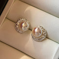 Iridescent Faux Pearl Pleated Crescent Stud Earrings French Minimalist Metallic Style view 1