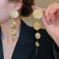 Metal Round Textured Long Tassel Drop Earrings Minimalist Geometric Stud Style For Women view 2