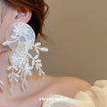 Statement Fabric Flower Leaf Resin Shell Tassel Drop Earrings With Silver Pins For Women view 3