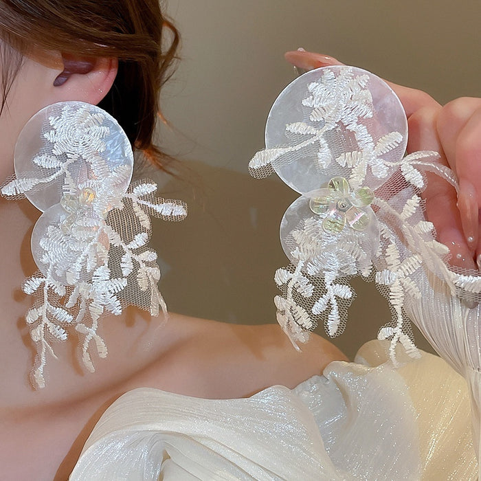 Statement Fabric Flower Leaf Resin Shell Tassel Drop Earrings With Silver Pins For Women