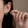 French Vintage Luxury Gold Alloy Square Emerald Green Crystal Rhinestone Stud Earrings view 1