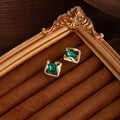 French Vintage Luxury Gold Alloy Square Emerald Green Crystal Rhinestone Stud Earrings view 4
