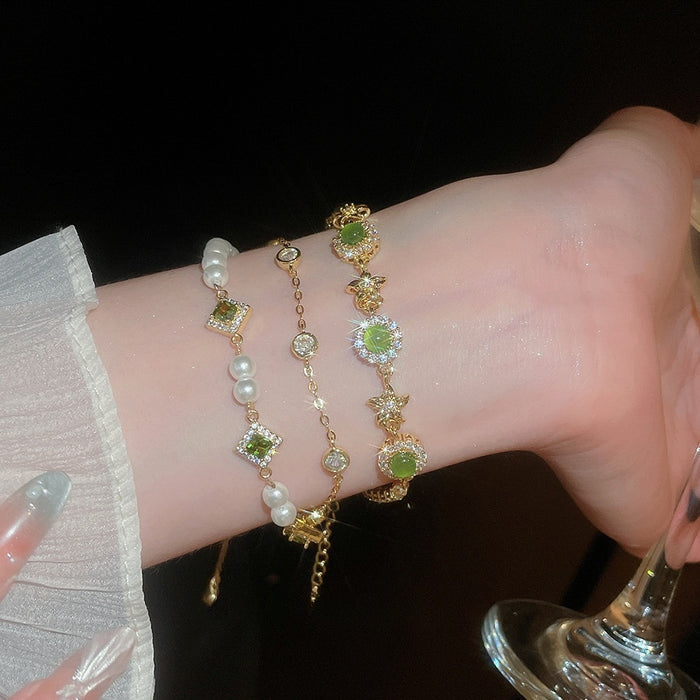 Vintage Green Cat Eye Stone Pearl Zircon Geometric Star Palace Style Bangle