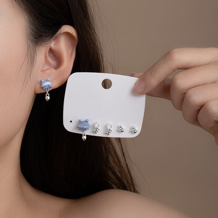 Cute Enamel Cat Fishbone Heart Alloy Rhinestone Stud Drop Earring Set For Women Fashion Earrings
