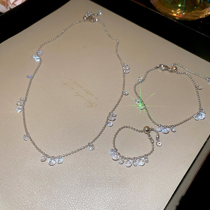 Light Luxury Stainless Steel Zircon Water Drop Pendant Necklace Bracelet Adjustable Ring Jewelry Set
