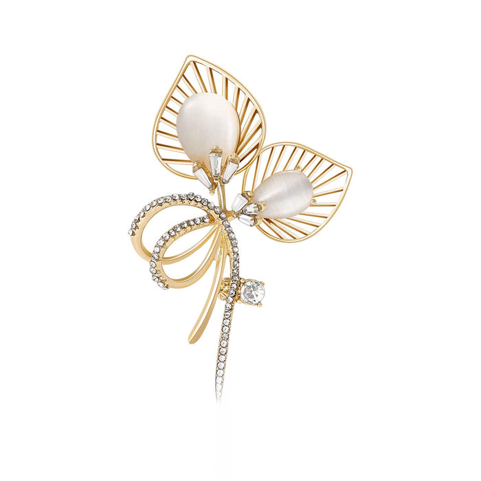 Alloy Cat Eye Stone Hollow Leaf Brooch For Elegant Apparel