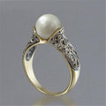Gold Tone Pearl Center Vintage Filigree Band Ring Sizes view 1
