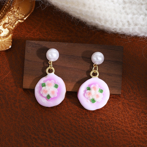 French Colorful Enamel Flower Pearl Stud Earrings Forest Fresh Sweet Light Luxury Fashion Ear Jewelry