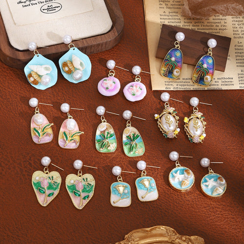 French Colorful Enamel Flower Pearl Stud Earrings Forest Fresh Sweet Light Luxury Fashion Ear Jewelry