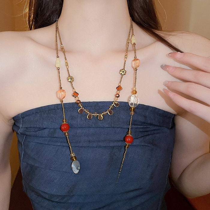 Vintage Glass Crystal Resin Waterdrop Oval Ceramic Flower Pendant Sweater Necklace For Women