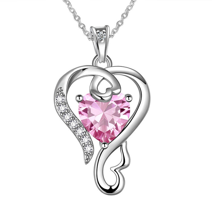 Pink Heart Line Pendant Necklace For Women, Sweet Love Shape Qixi Festival Jewelry