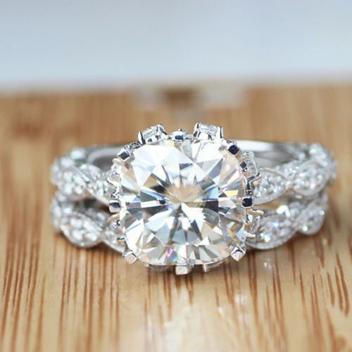 Silver-Tone Round Solitaire Two-Piece Ring Set With Pave Halo shown in angled product view