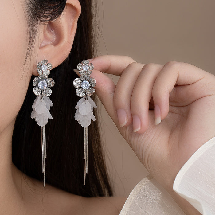Elegant French Rhinestone Crystal Flower White Acrylic Leaf Tassel Alloy Statement Drop Stud Earrings