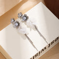 Elegant French Rhinestone Crystal Flower White Acrylic Leaf Tassel Alloy Statement Drop Stud Earrings view 4