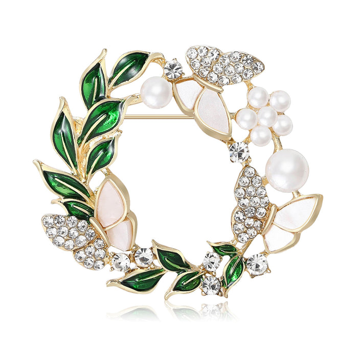 Alloy Enamel Rhinestone Bow Brooch Pin With Pearl Wreath Accent