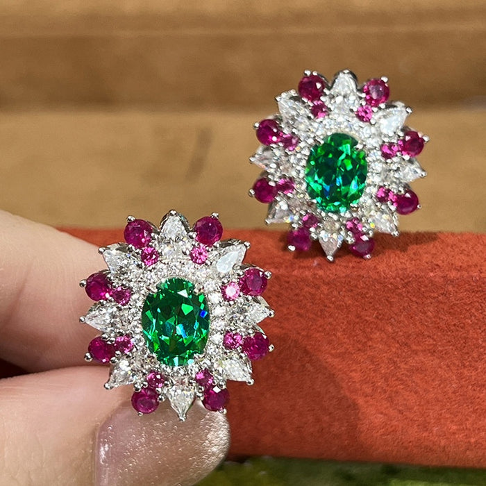 Luxury Colorful Flower Geometric Stud Earrings For Women With Oval Zircon Eye Catching Jewelry