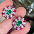 Luxury Colorful Flower Geometric Stud Earrings For Women With Oval Zircon Eye Catching Jewelry view 2