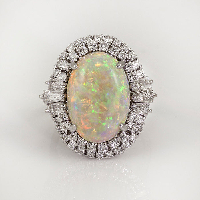 Opalescent Oval Double-Halo Statement Ring In Silver Tone