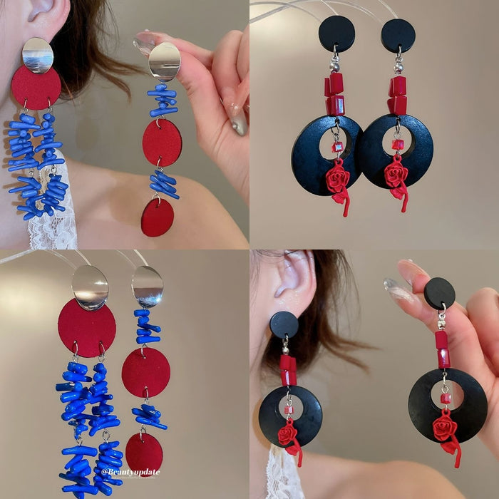 Klein Blue Wooden Flower Drop Earrings With Silver Posts New Chinese Geometric Pendant Style