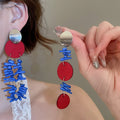 Klein Blue Wooden Flower Drop Earrings With Silver Posts New Chinese Geometric Pendant Style view 4