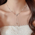 Elegant French Faux Pearl Beaded Rhinestone Bow Pendant Necklace For Women view 3