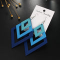 Purple Layered Geometric Wood Drop Earrings with Square Frames view 4