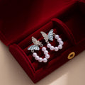 Elegant Rhinestone Butterfly Bow U Shape Simulated Pearl Tassel Stud Earrings for Women Luxury Earrings view 3