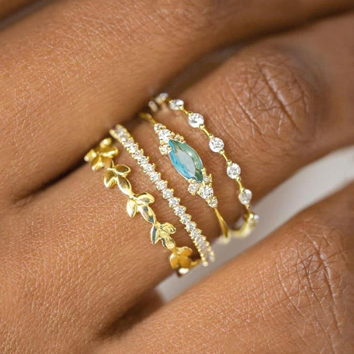 Women's Stackable Marquise Leaf Geometric Ring Set, Four Piece Engagement Wedding Finger Rings