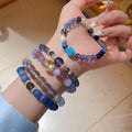 Blue Zircon Artificial Crystal Beaded Elastic Bangle With Round Geometric Stones Fresh Chinese Style view 3