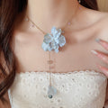 Sweet Fabric Crystal Flower Pendant Necklace For Women, Floral Designer Collarbone Choker view 3