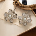 Luxury Gold Alloy Flower Pearl Stud Earrings For Women Statement Textured Metal Floral Party Earrings view 4