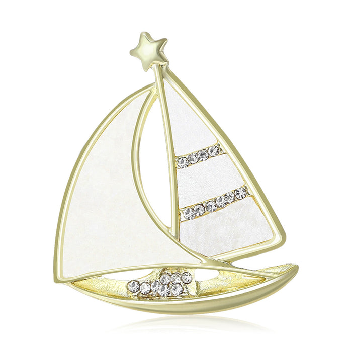Alloy Rhinestone Shell Sailboat Brooch For Luxury Apparel Decoration