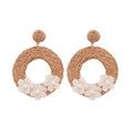 Sterling Silver Post Square Wood Rattan Fabric Flower Pearl Vacation Style Stud Earrings view 5